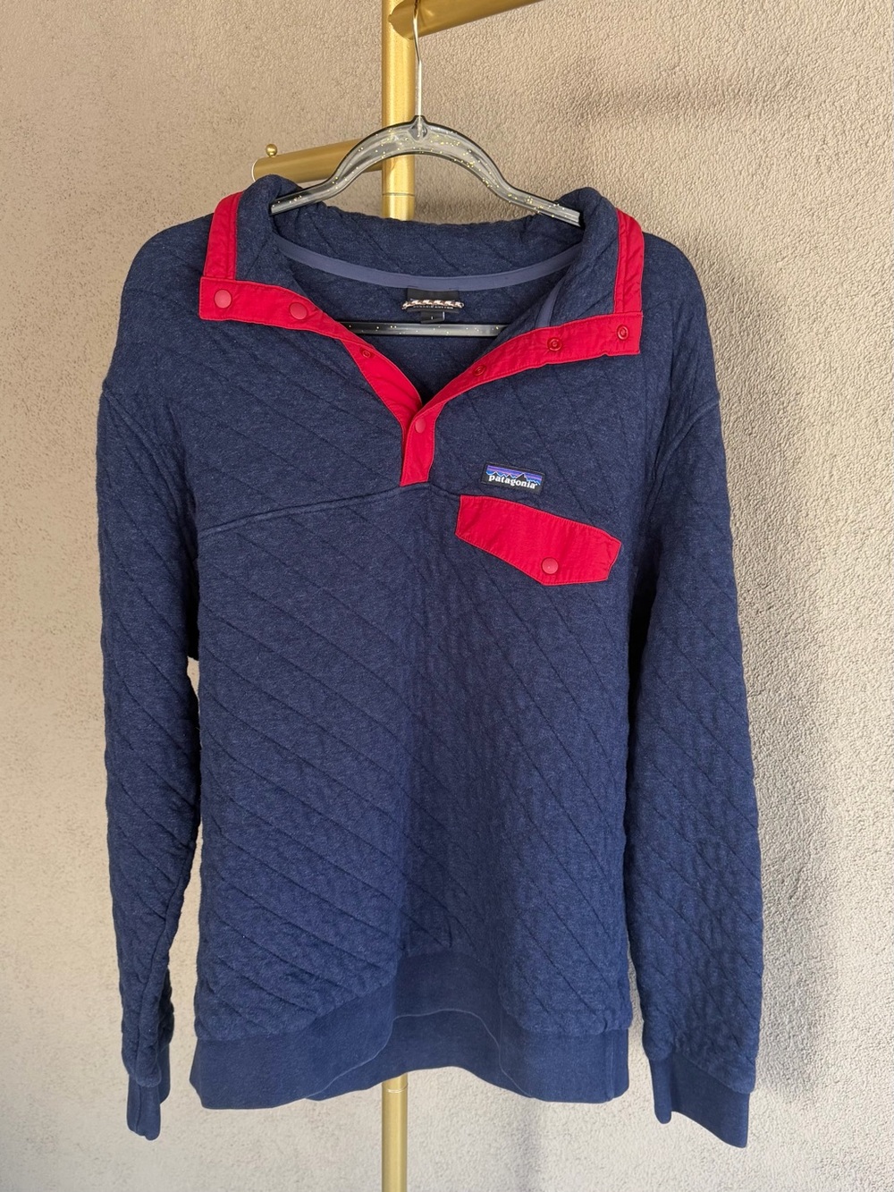 Patagonia Cotton Quilt Snap-T Pullover Navy Red Men’s L Preppy Sporty Sweater